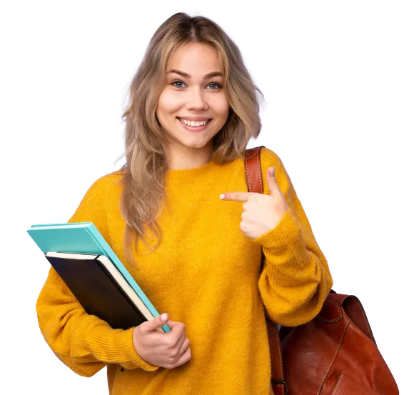 Blonde haired female smiling. She has a brown leather sling-bag and is holding a blue and a black book. She is pointing towards our call to action button.